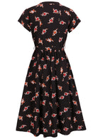 Back view of 50's style cotton midi length dress with a waist tie and cap sleeves