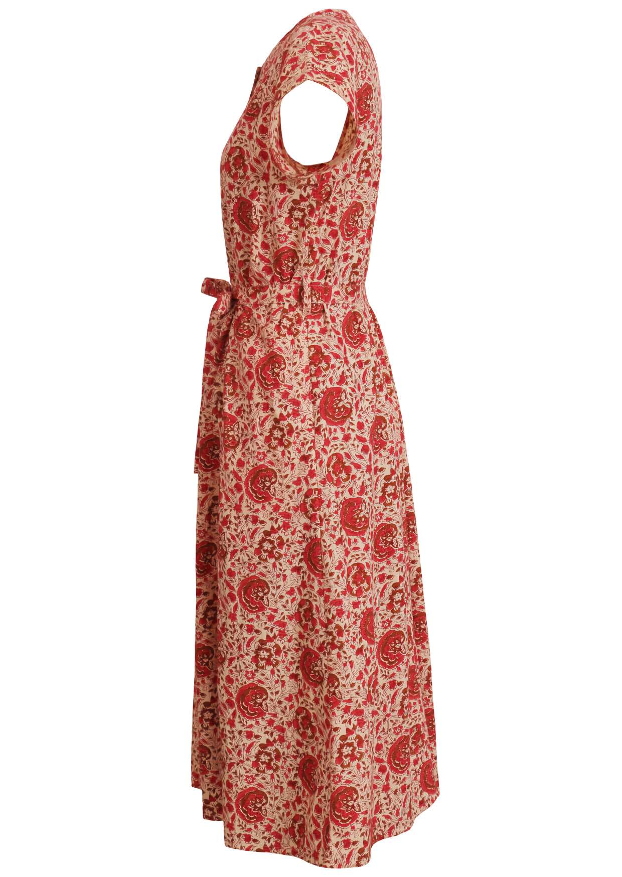 Side view of 50's style cotton button through midi length dress with a waist tie and hidden side pockets