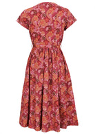 Warm-toned Japanese-style print cotton dress with removable waist tie in pink, maroon, brown, peach, and khaki.
