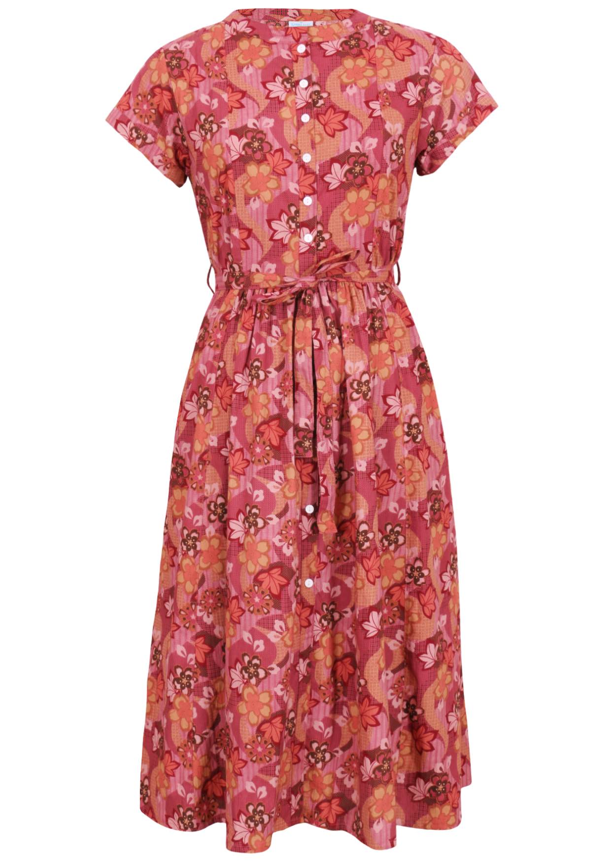 Warm-toned Japanese-style print cotton dress with pockets in pink, maroon, brown, peach, and khaki.
