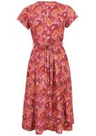 Warm-toned Japanese-style print cotton dress with pockets in pink, maroon, brown, peach, and khaki.
