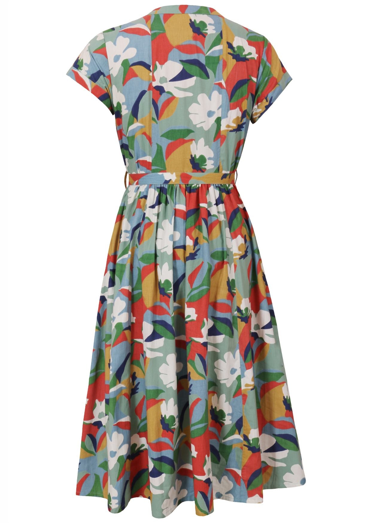 Back view of 50's style cotton midi length dress with a waist tie and cap sleeves