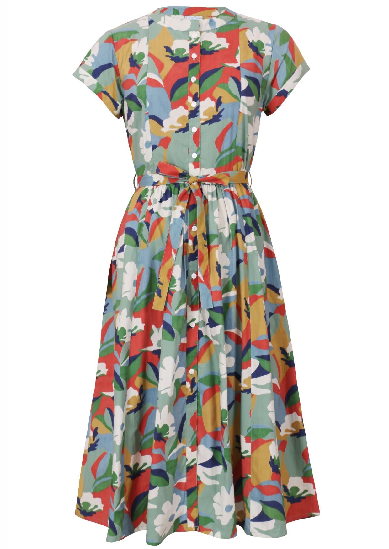 50's style cotton button through midi length dress with a waist tie