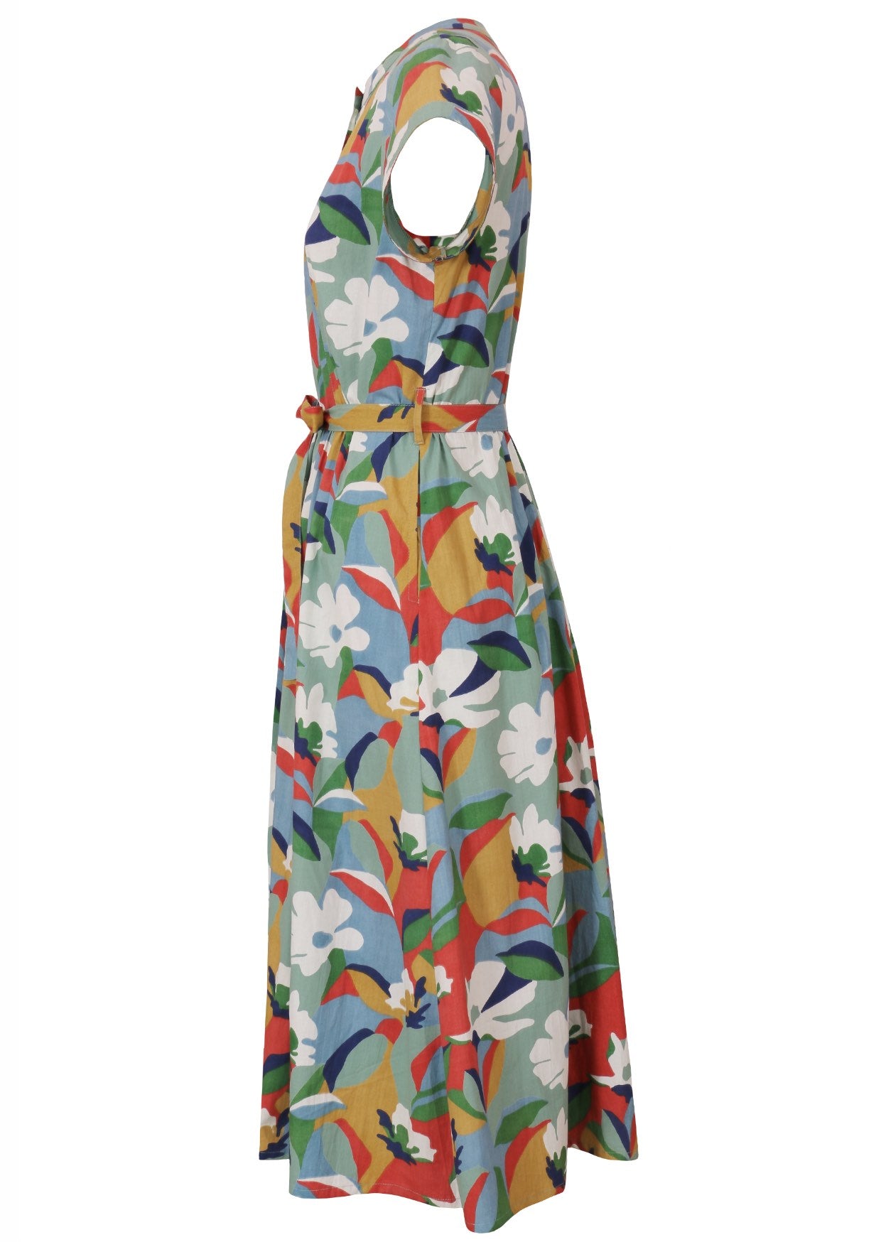 Side view of 50's style cotton button through midi length dress with a waist tie and hidden side pockets