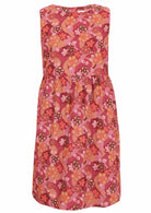 Round neckline cotton dress with Japanese-style print in pink, maroon, brown, peach, and khaki tones.
