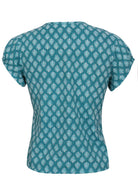 100 percent cotton top in aqua with small functional shell buttons back