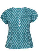 100 percent cotton aqua top with small functional shell buttons