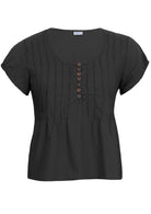 Black short sleeve cotton top with pleat detail across the chest front mannequin pic