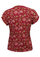 Back mannequin photo of cotton cap sleeve top in floral print on cranberry base