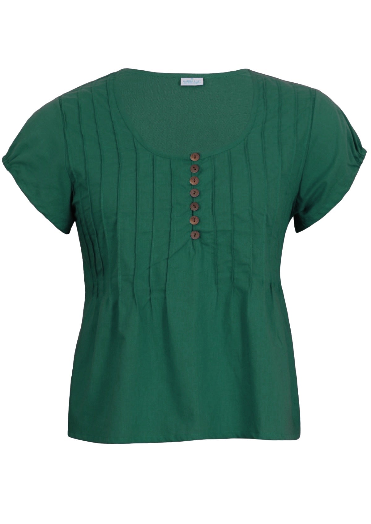 100% cotton cap sleeved top with scoop neckline and small coconut buttons