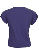 Dark blue cotton short sleeve top with elastic in the sleeve trim back mannequin pic