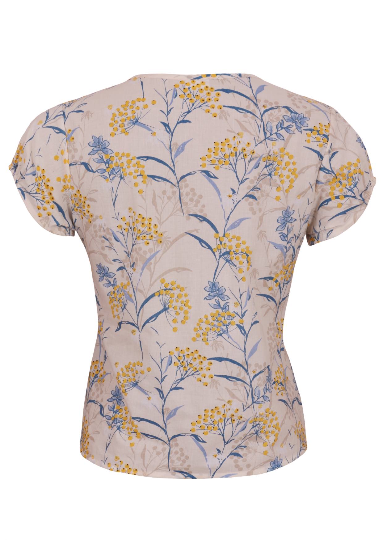 Back view of neutral based floral print 100% cotton top 