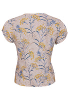 Back view of neutral based floral print 100% cotton top 
