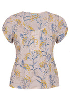 Neutral based floral print 100% cotton top with coconut buttons.
