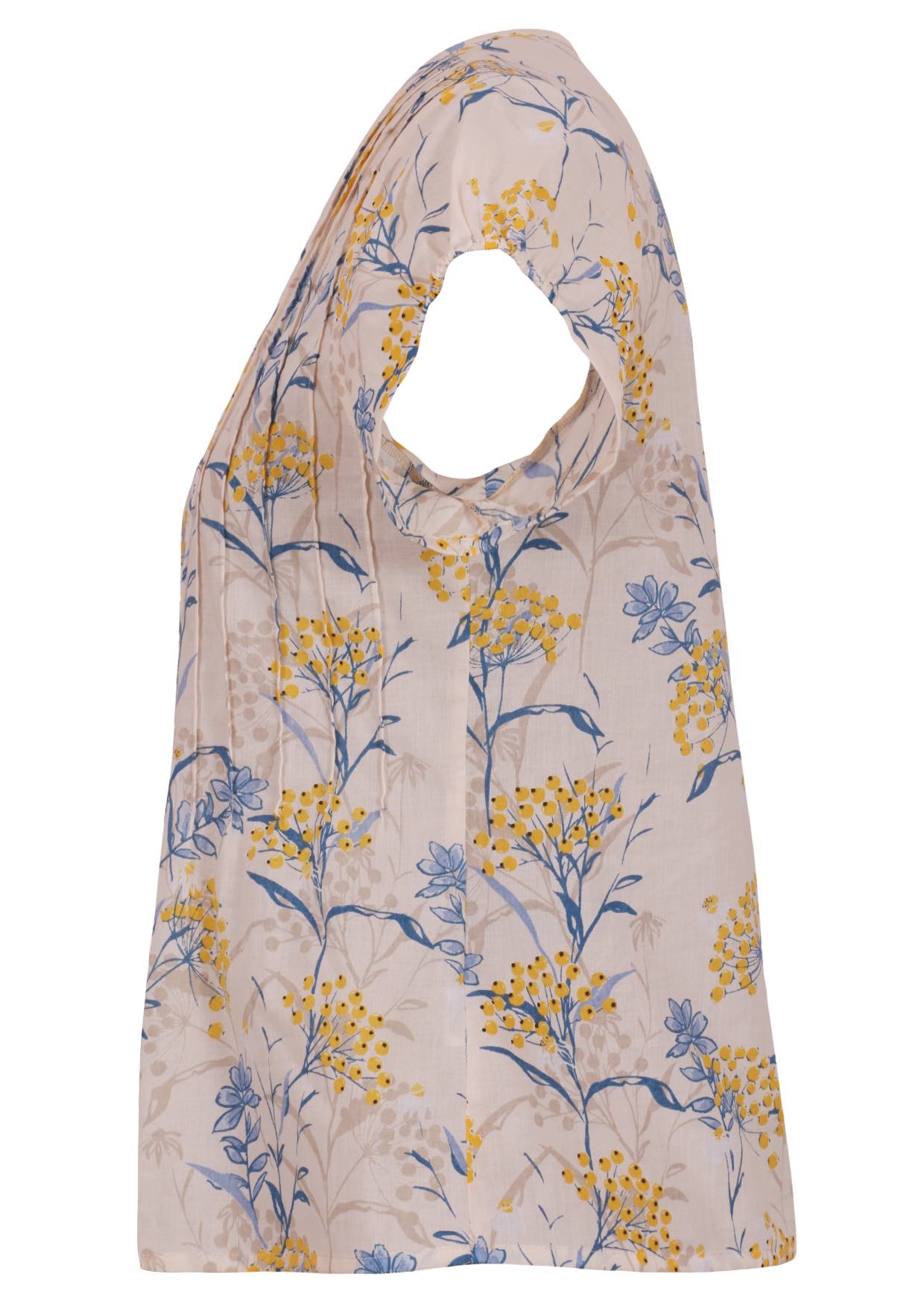 Side view of neutral based floral print 100% cotton top with cap sleeves