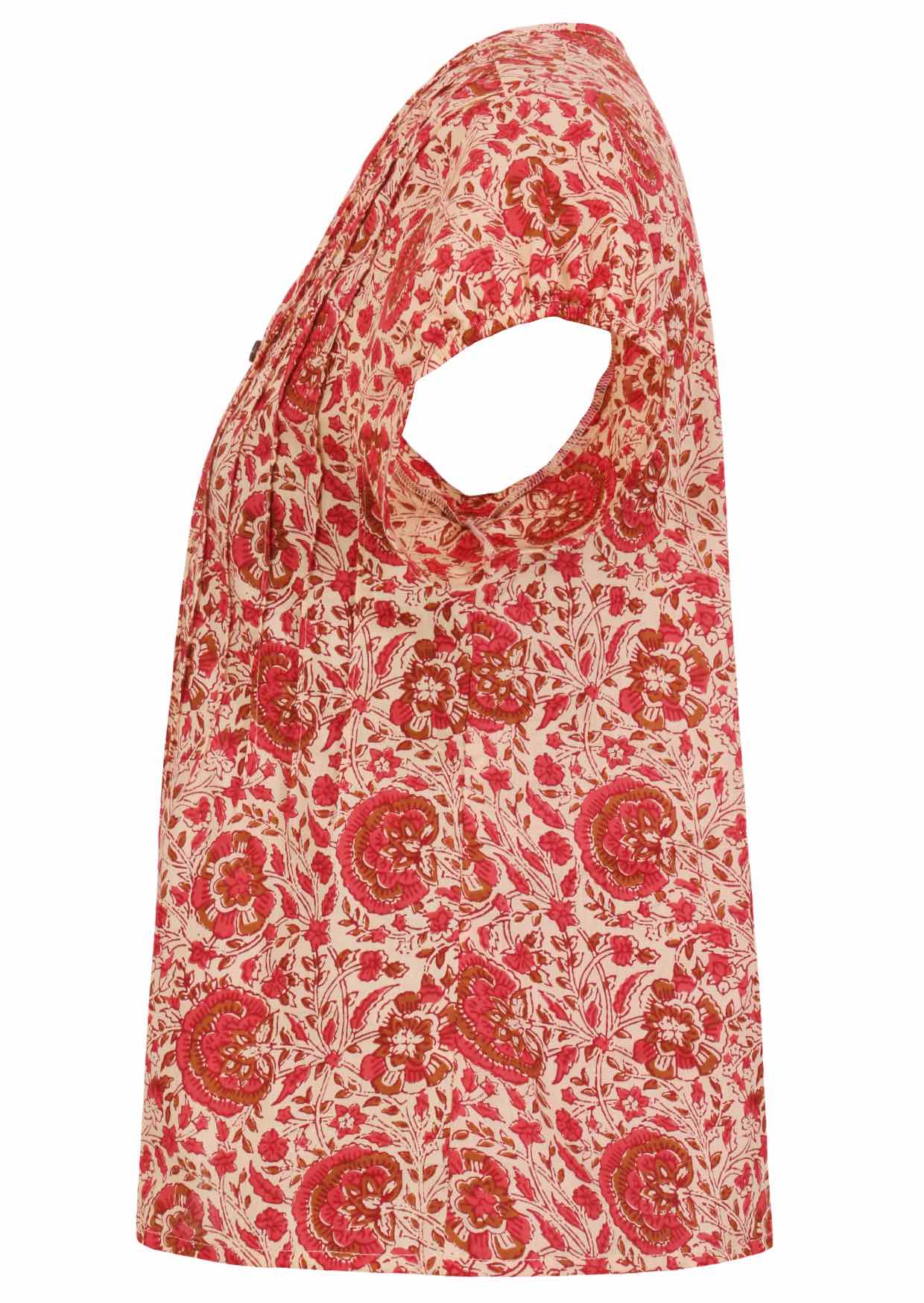 Side view of cream based floral print 100% cotton top with cap sleeves