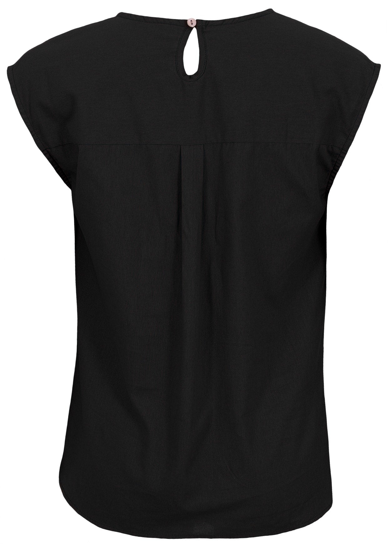 Back of cotton black sleeveless top with button keyhole closure at the nape of neck and a central box pleat
