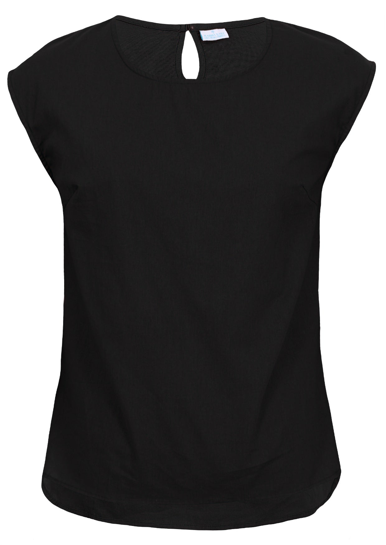 Front of cotton black sleeveless top with bust darts