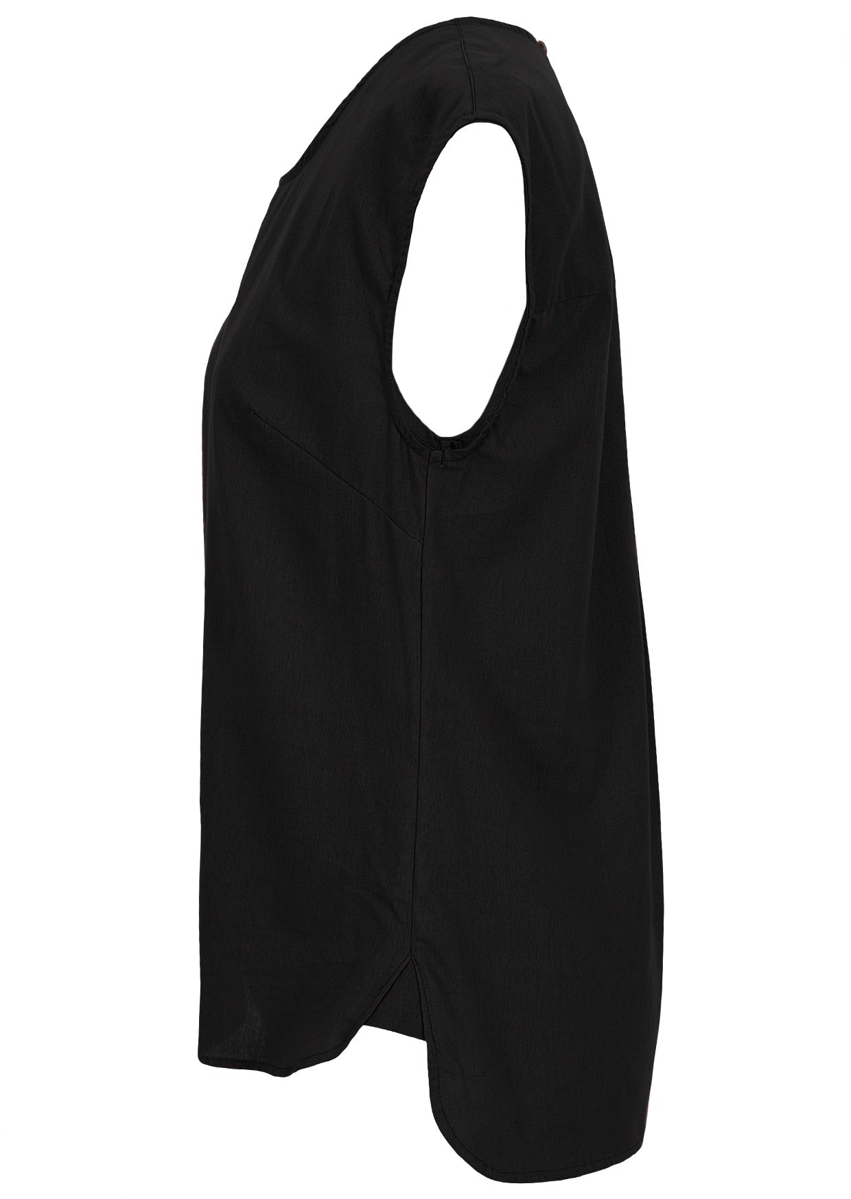 Side of cotton black sleeveless top that is longer at the back