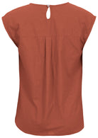 Back view of 100% cotton top in plain orange brushetta colour with subtle keyhole and button closure at the back.