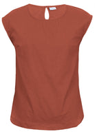 Front view of 100% cotton top in plain orange brushetta colour with round neckline.