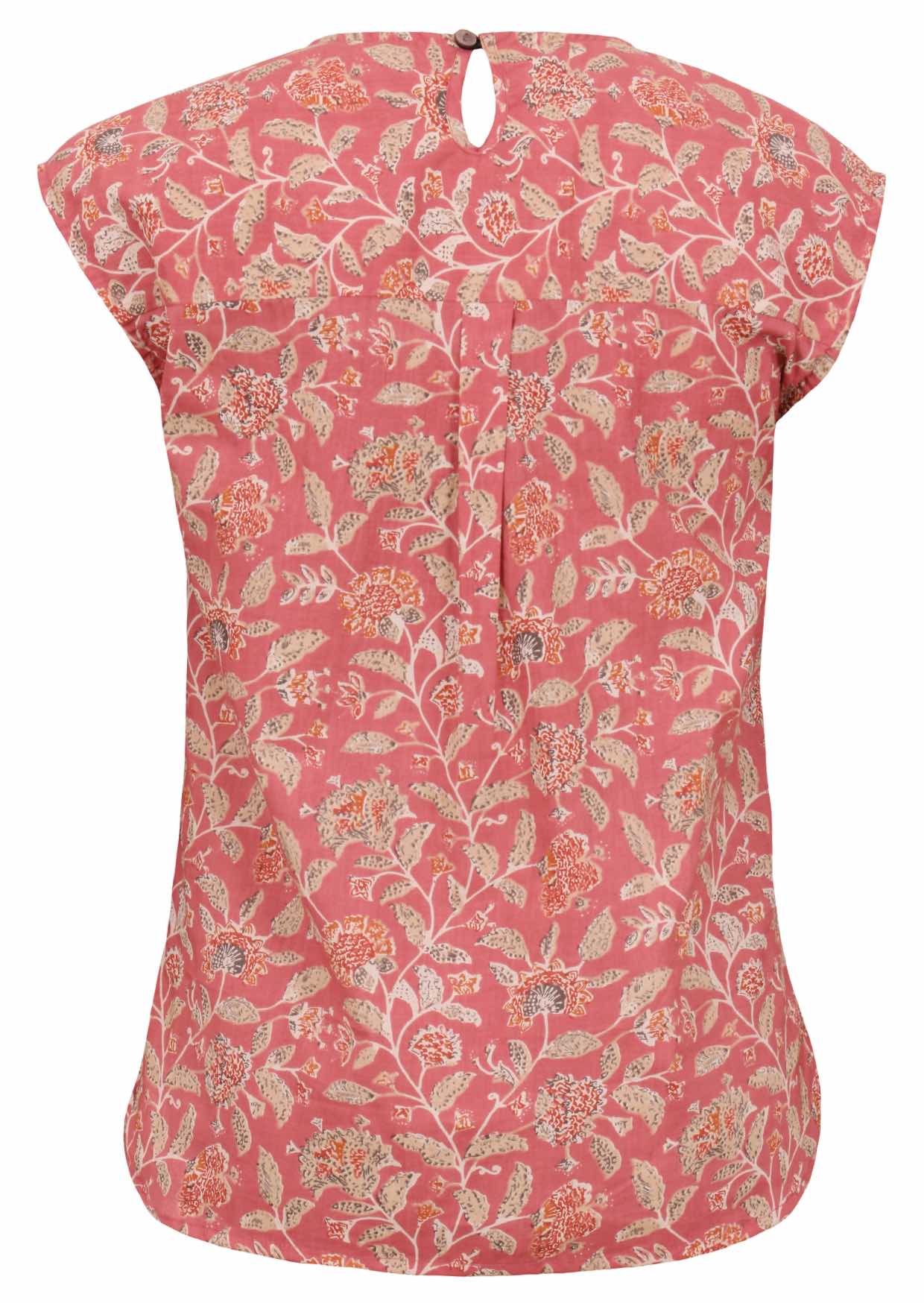 Back view of cotton sleeveless top with a muted floral print with a dusky pink base, with button closure at the nape of neck