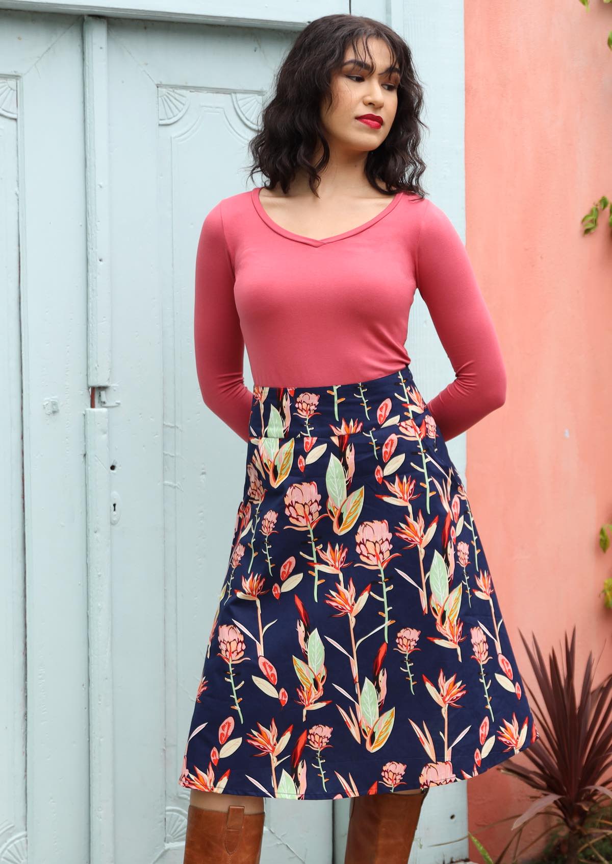 Zarah Skirt Dark Blue Floral | Karma East Australia