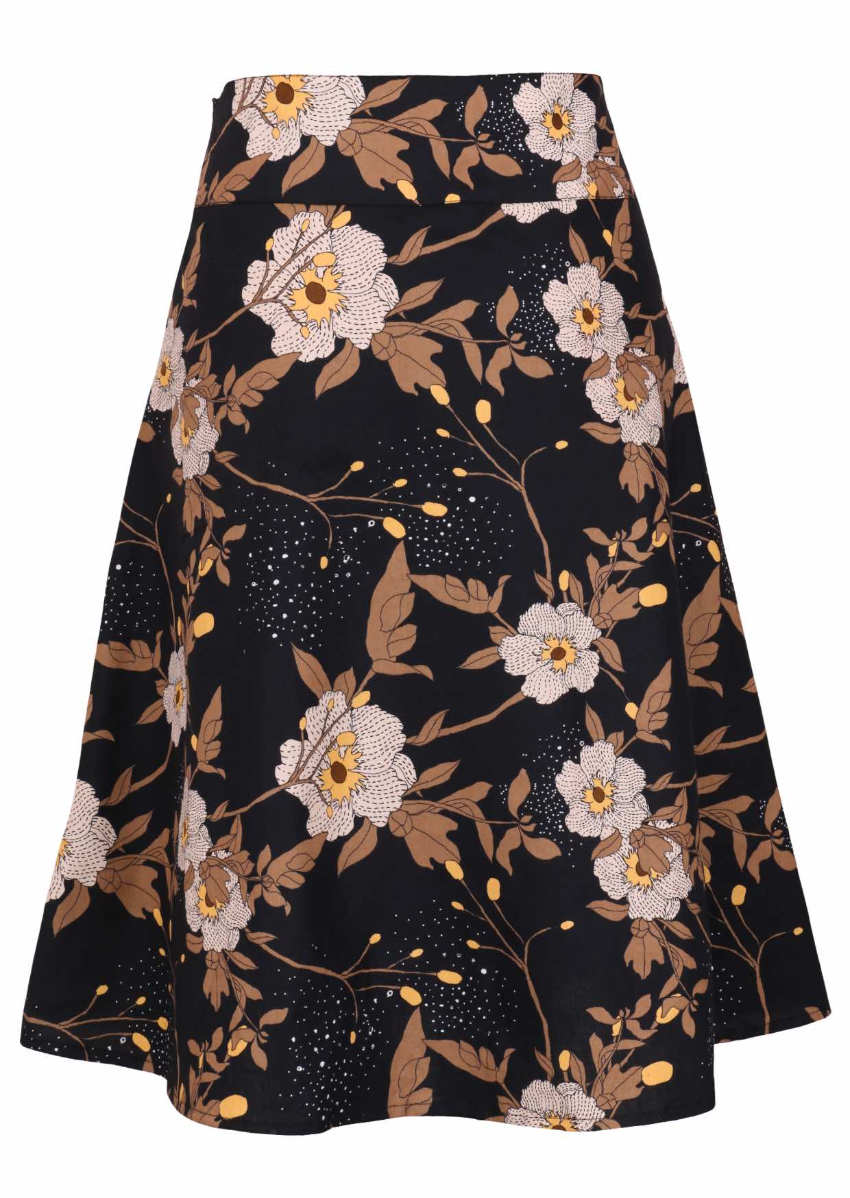 Back view of 100% cotton skirt with hidden side zip and wide waistband in black based floral print.