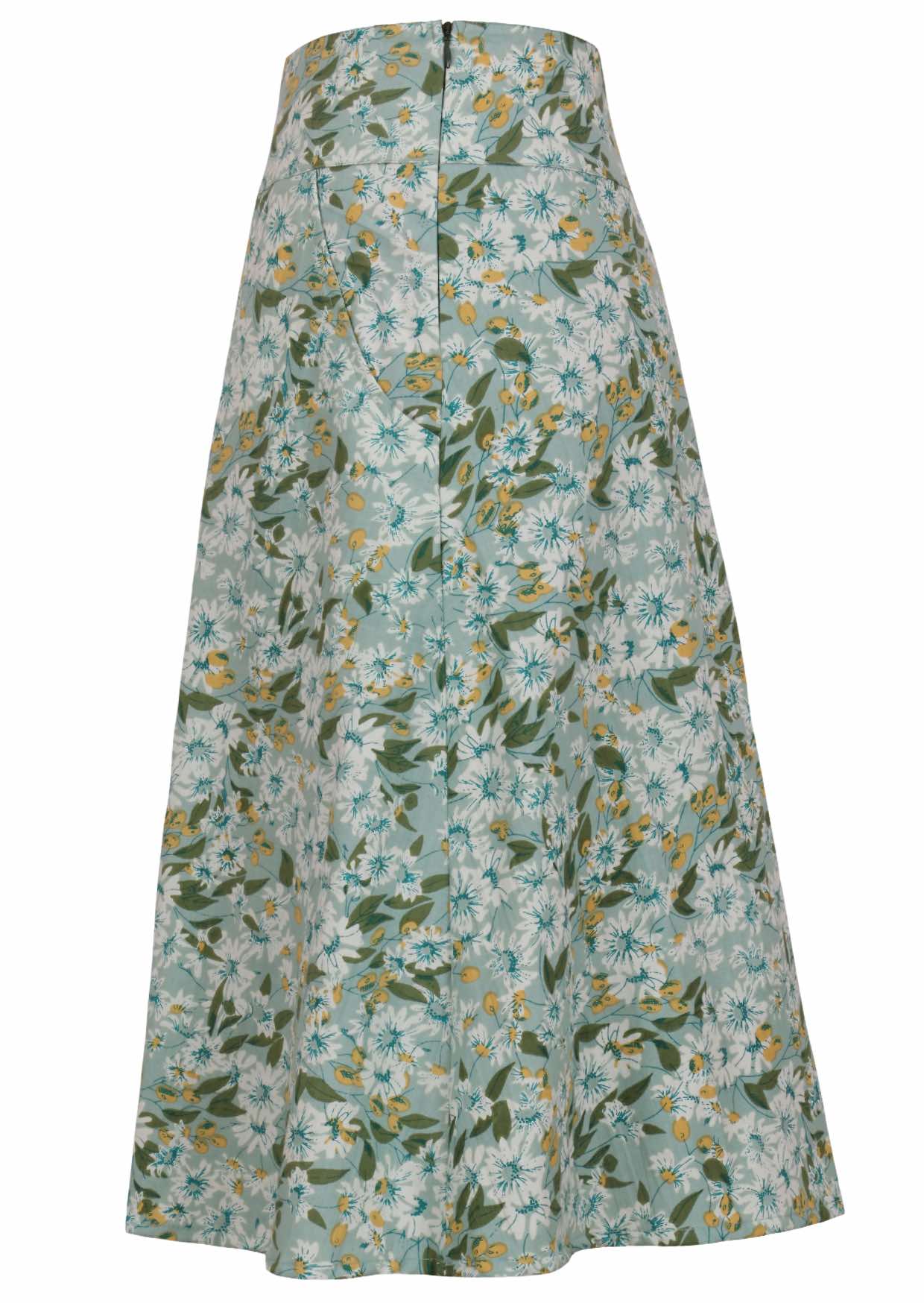 Back view of 100% cotton skirt with hidden side zip and wide waistband in sage green based floral print.