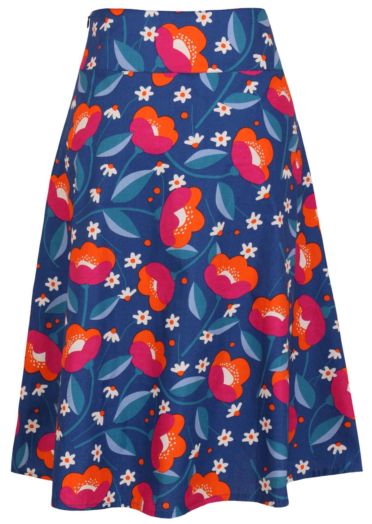 Back view of 100% cotton skirt with hidden side zip and wide waistband in royal blue based floral print.