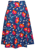 Back view of 100% cotton skirt with hidden side zip and wide waistband in royal blue based floral print.