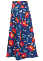 Side view of a royal blue based floral print A-line cotton skirt with hidden side zipper
