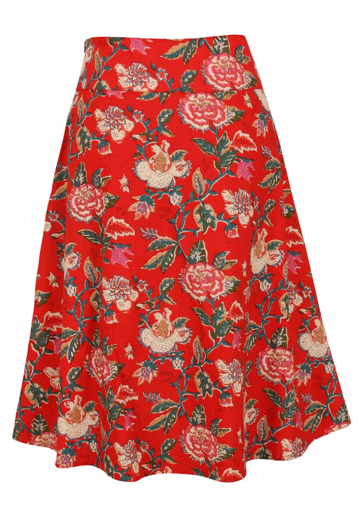 Back view of 100% cotton skirt with hidden side zip and wide waistband in red based floral print.