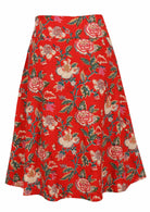 Back view of 100% cotton skirt with hidden side zip and wide waistband in red based floral print.