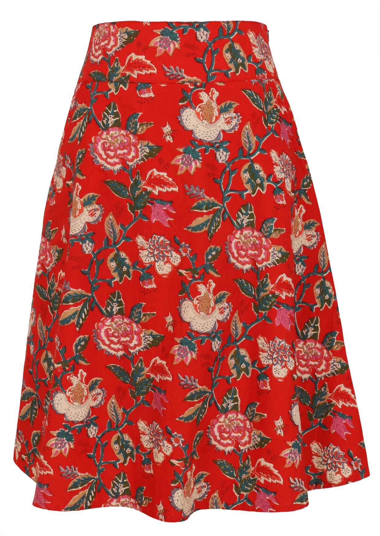 100% cotton red printed mid length A-line skirt with a wide waistband, pockets, and side zipper