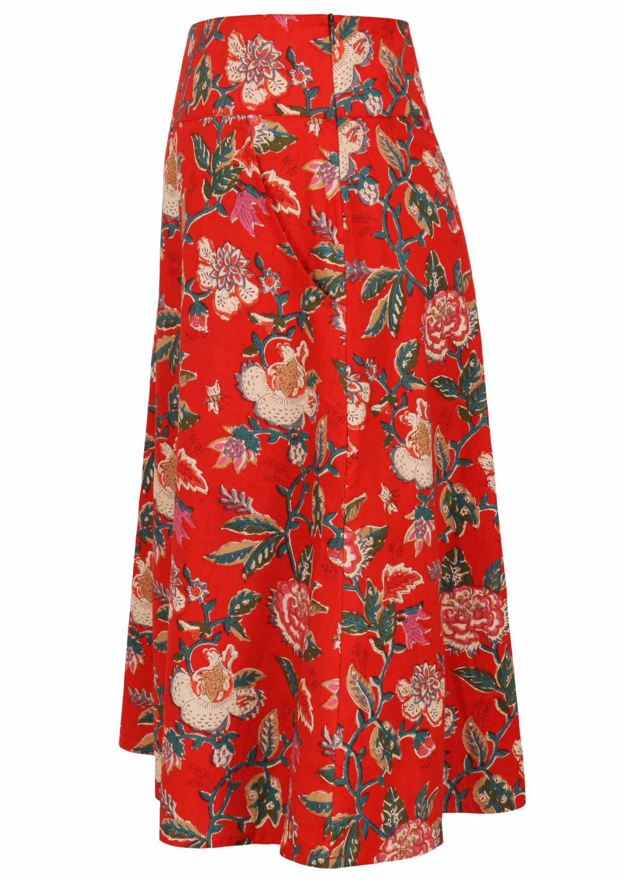 Side view of a red based floral print A-line cotton skirt with hidden side zipper