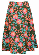Back view of 100% cotton skirt with hidden side zip and wide waistband in olive green based floral print.