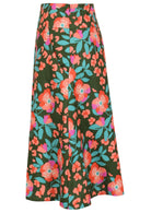 Side view of a olive green based floral print A-line cotton skirt with hidden side zipper