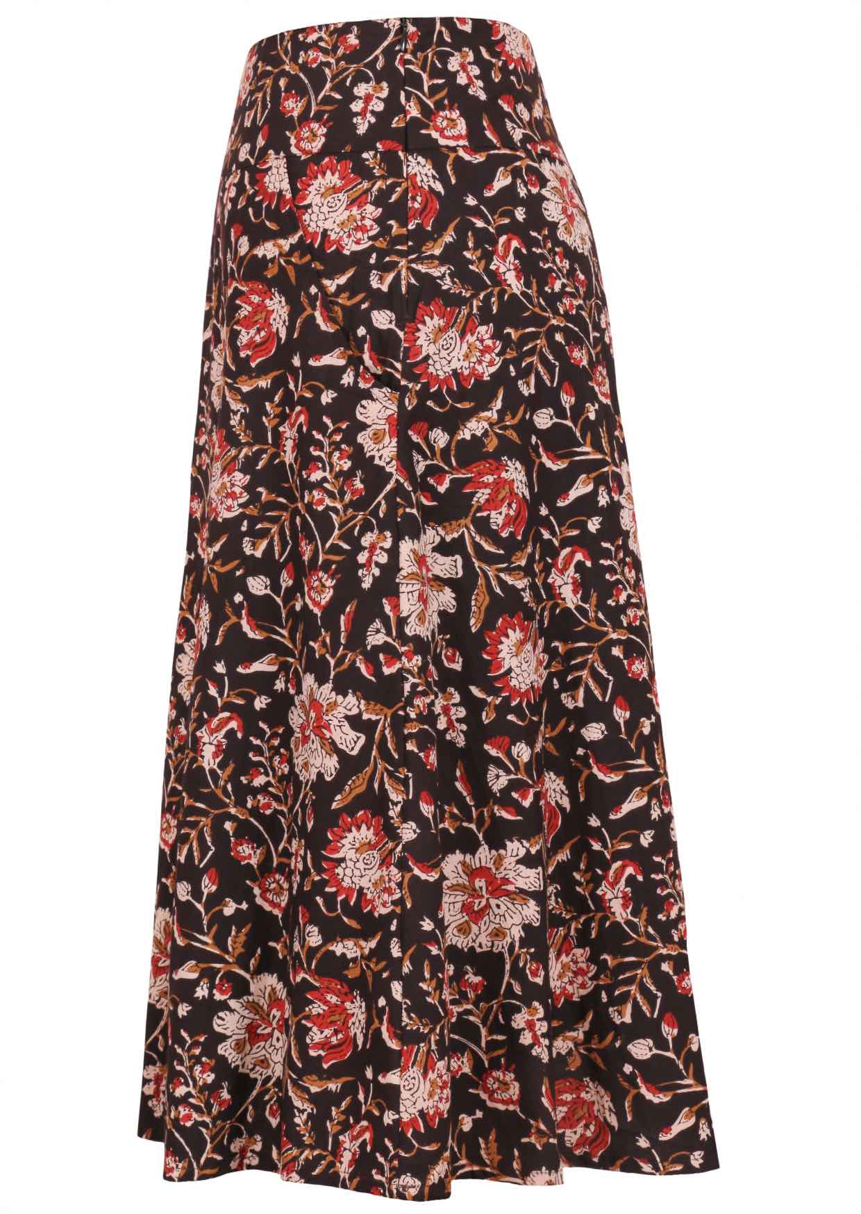 Black based traditional Indian floral print cotton skirt with side zip.
