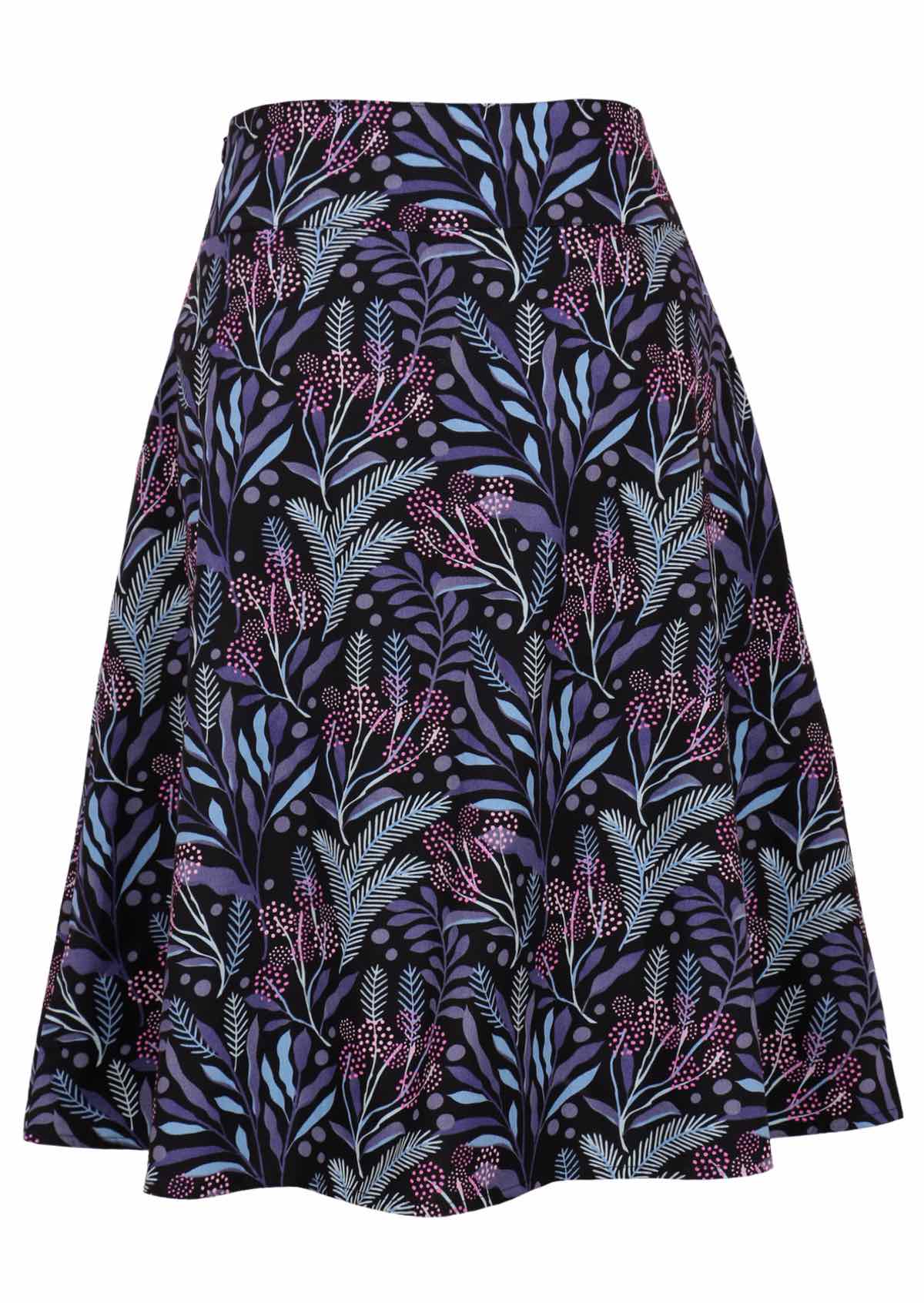 Over knee length cotton skirt in gorgeous botanical print in blues and pinks on black