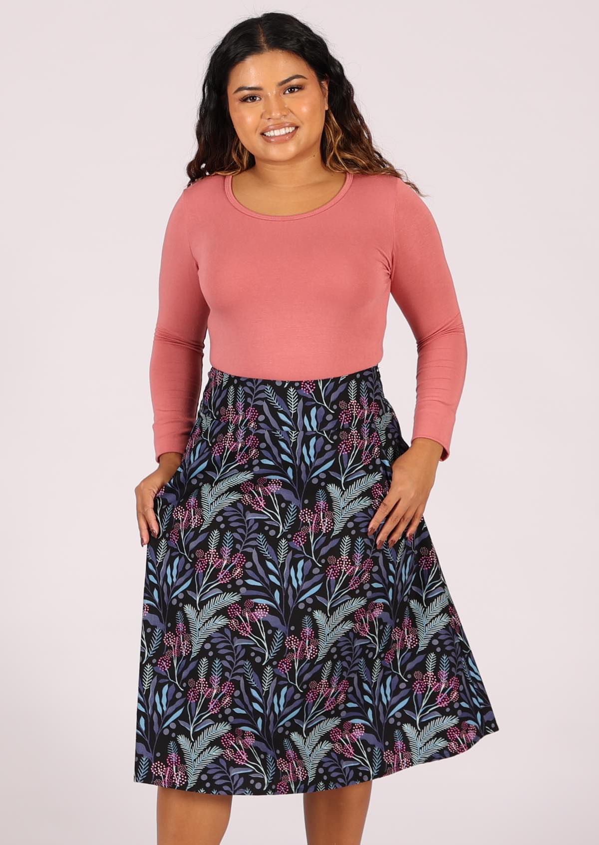 Generous A-line cotton skirt in gorgeous blues and pinks  botanical print on black base