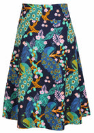 Back view of 100% cotton skirt with hidden side zip and wide waistband in sage navy blue based floral print.