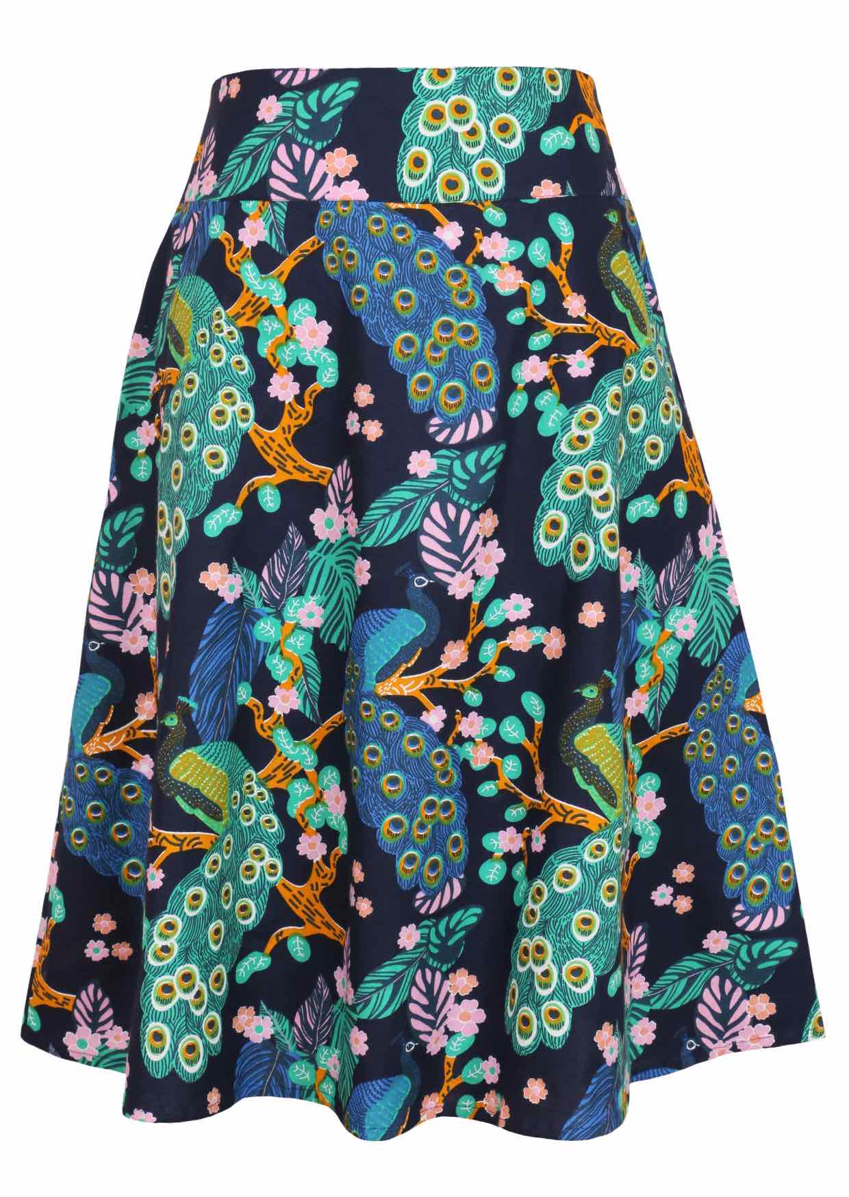 100% cotton navy blue based floral mid length A-line skirt with a wide waistband, pockets, and side zipper
