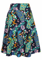 100% cotton navy blue based floral mid length A-line skirt with a wide waistband, pockets, and side zipper