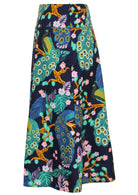 Side view of a navy blue based floral print A-line cotton skirt with hidden side zipper