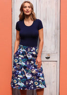 Cotton over the knee length A-line skirt with wide waistband and pockets