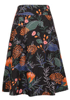 100% cotton skirt with hidden side zip and wide waistband in black based botanic print with orange and pink florals