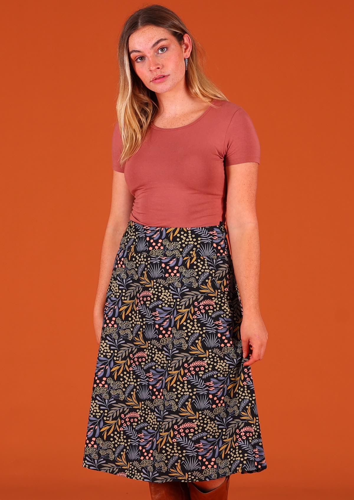 100% cotton super comfortable A-line skirt with wide waistband and hidden side zip