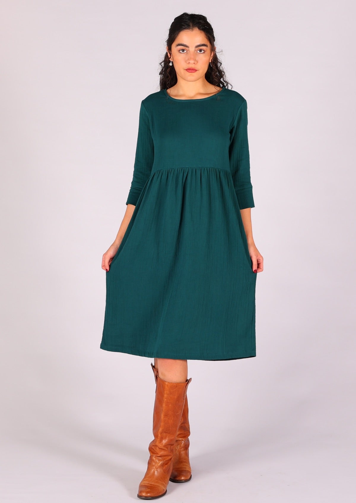 Super comfortable double cotton dress in beautiful deep teal with 3/4 sleeves and round neckline