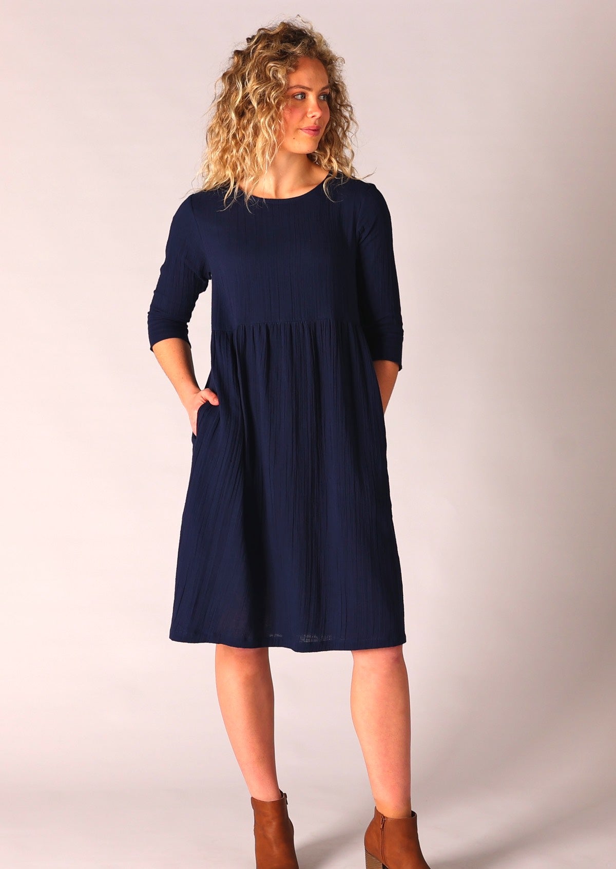 Dark blue 100% cotton dress made from two layers of lightweight gauze